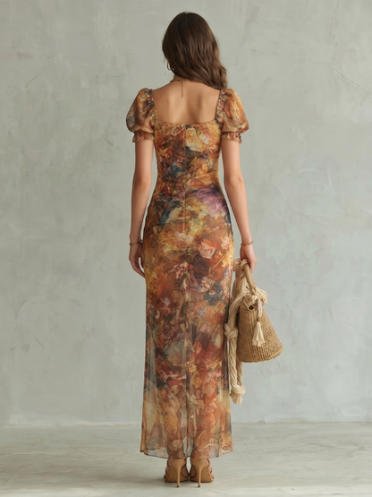 Ciel | Ruffled Sleeve Ruched Slit Vestido Midi