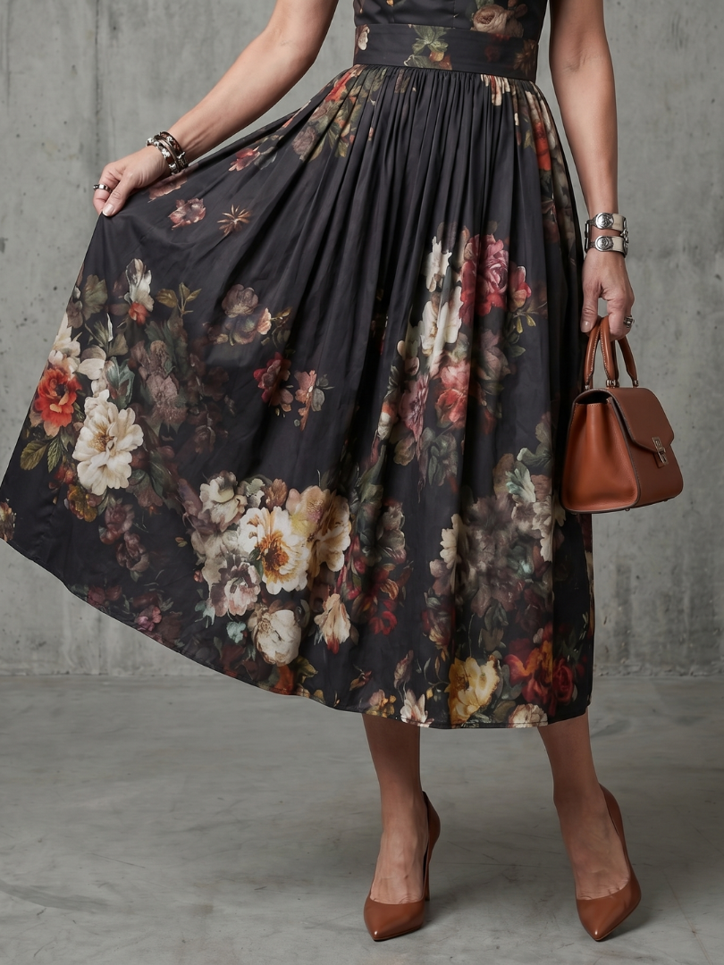 Greta | High Neck Keyhole Floral Pleated Vestido Midi