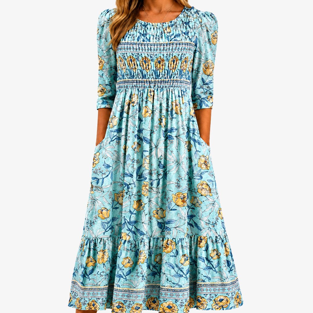 Aura Dorada en Flor Smocked Jardín Botánico Vestido Midi