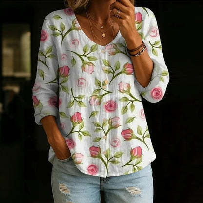 【Lange Ärmel】Inspiración Vintage-Blusa de Seda con Motivo Botánico