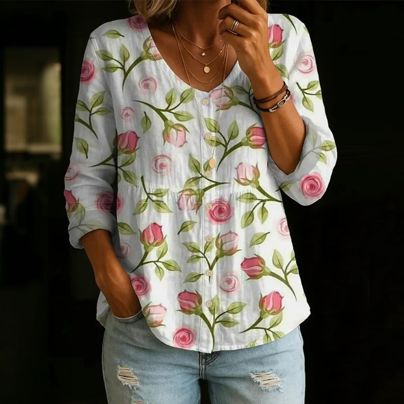 【Lange Ärmel】Inspiración Vintage-Blusa de Seda con Motivo Botánico