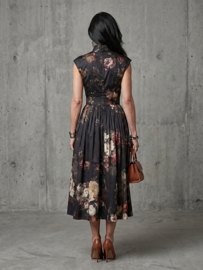 Greta | High Neck Keyhole Floral Pleated Vestido Midi
