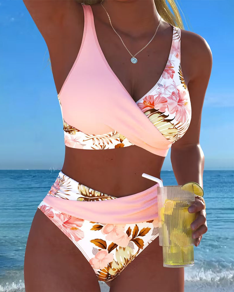 Hibiscus | Floral Crossed Bikini Haute con High Waisted Bottom