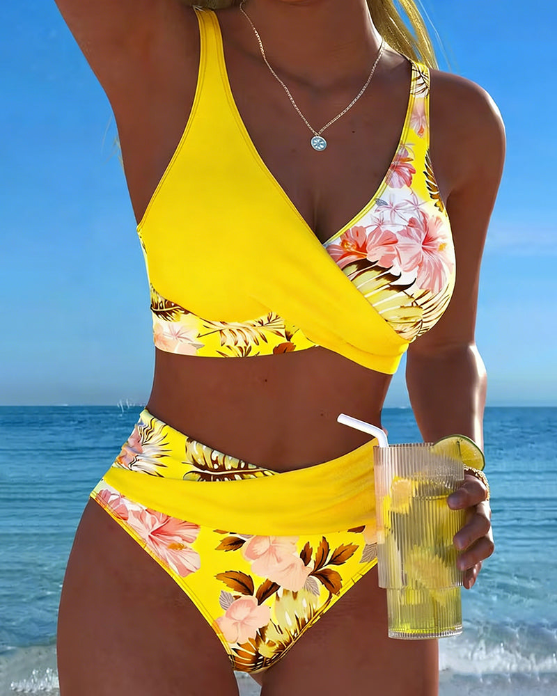 Hibiscus | Floral Crossed Bikini Haute con High Waisted Bottom