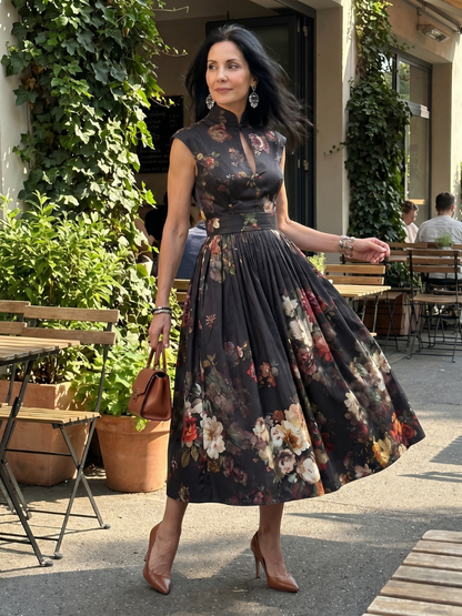 Greta | High Neck Keyhole Floral Pleated Vestido Midi