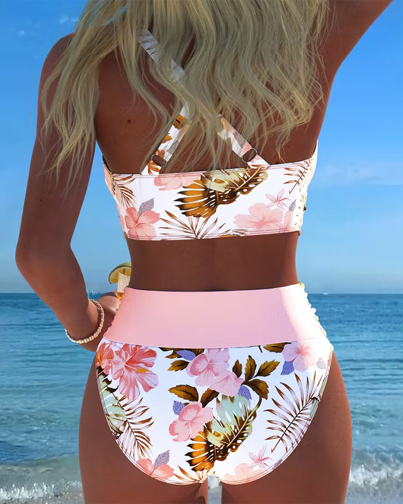 Hibiscus | Floral Crossed Bikini Haute con High Waisted Bottom