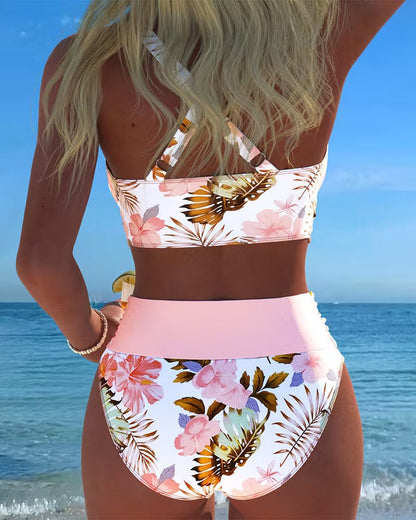 Hibiscus | Floral Crossed Bikini Haute con High Waisted Bottom