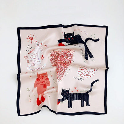 【100% Seide】Casual Refinado Foulard de Cachemira con Ilustración Felina