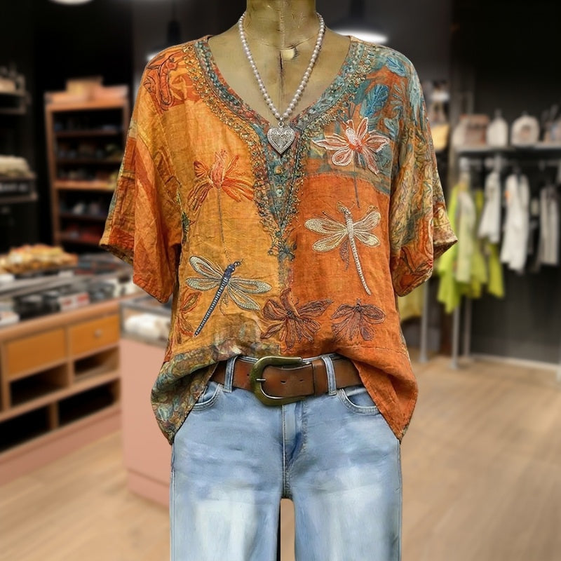 Inspiración Vintage-Blusa de Seda con Grabado Libélula Imperial