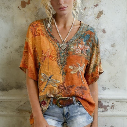 Inspiración Vintage-Blusa de Seda con Grabado Libélula Imperial