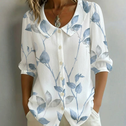 Lässige Blusa de Seda con Blättermuster
