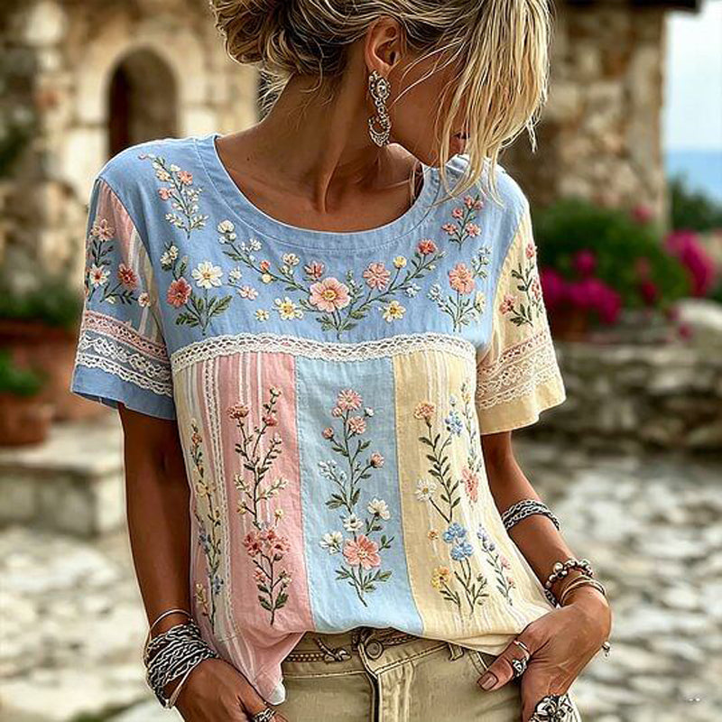Camiseta Premium Cotton con Motivo Botánico Und Farbblock-Design