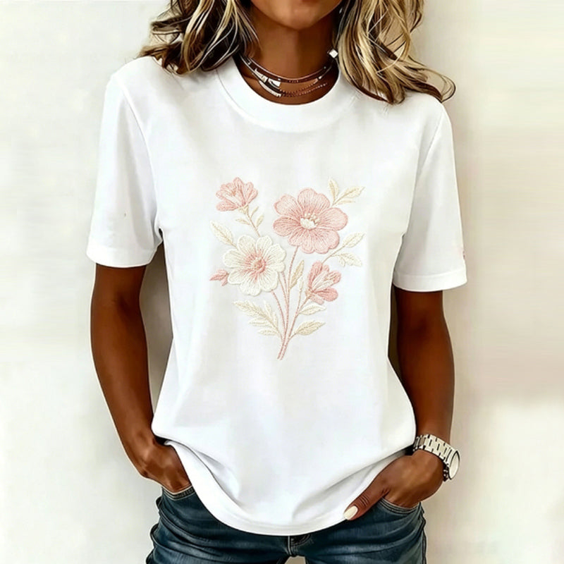 Casual Refinado Camiseta Premium Cotton con Motivo Botánico