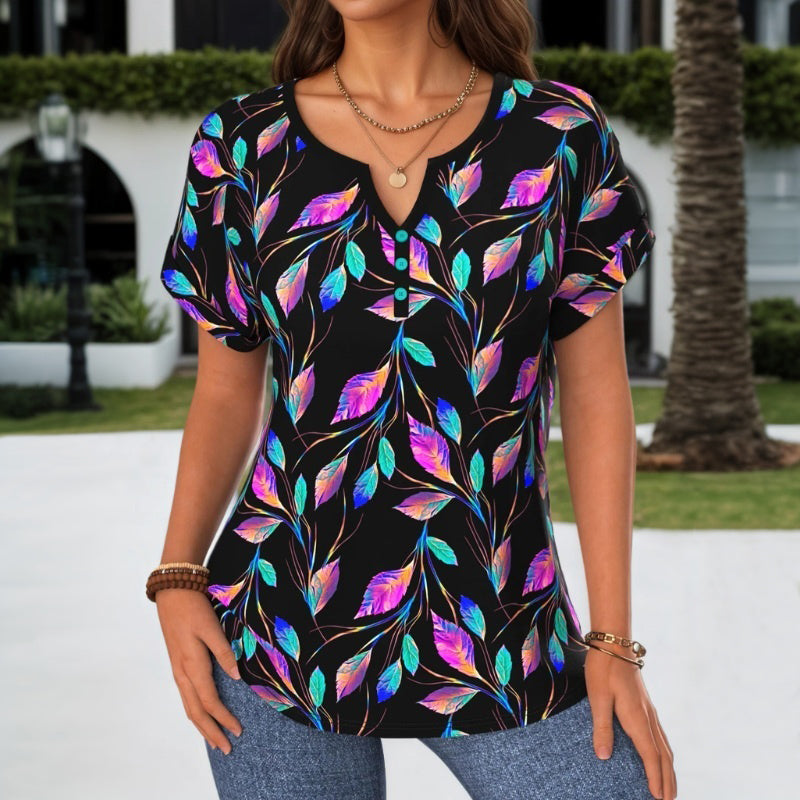 Bunte Blusa de Seda con Blättermuster