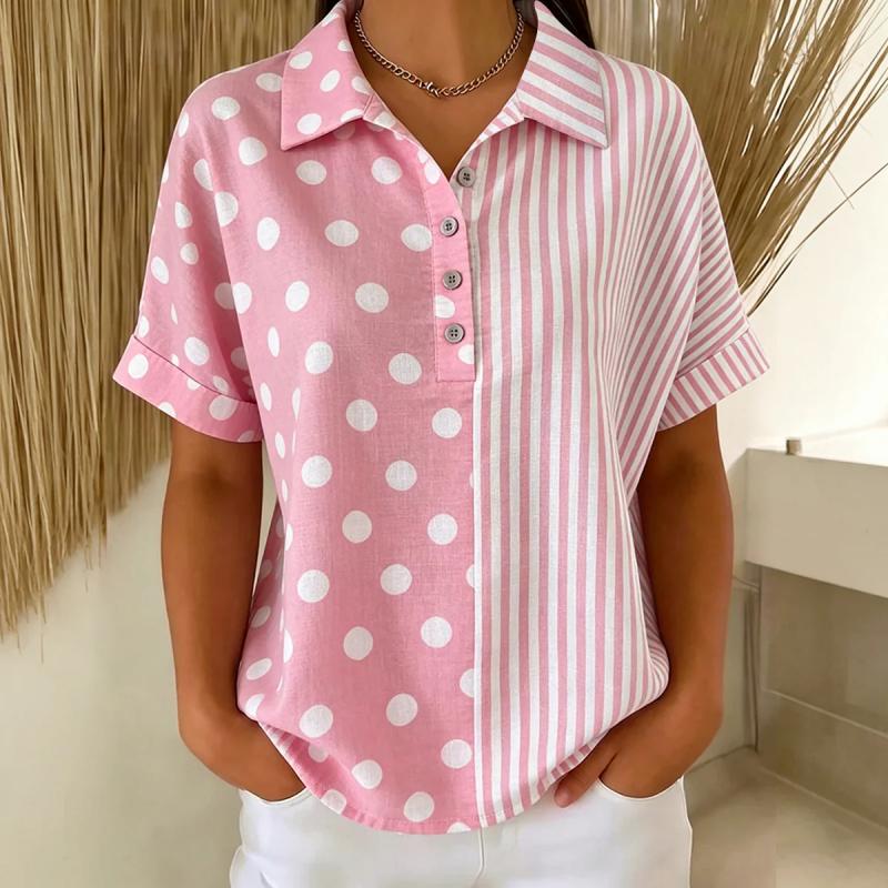 Lässige Blusa de Seda con Polka-Dots Und Streifen
