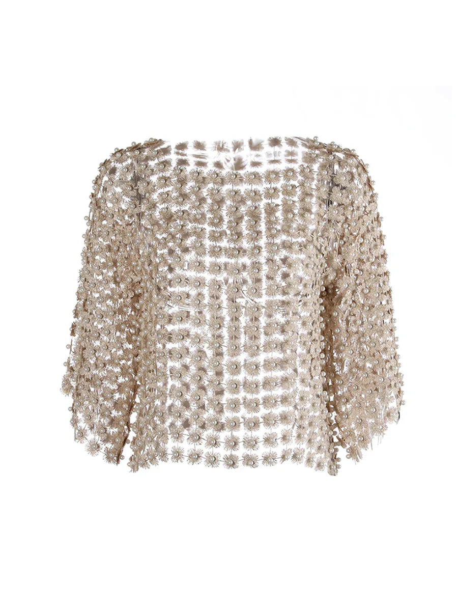 Hollow-Out Patchwork Pearl T-Shirt