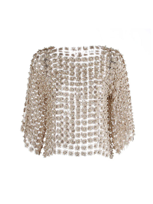Hollow-Out Patchwork Pearl T-Shirt