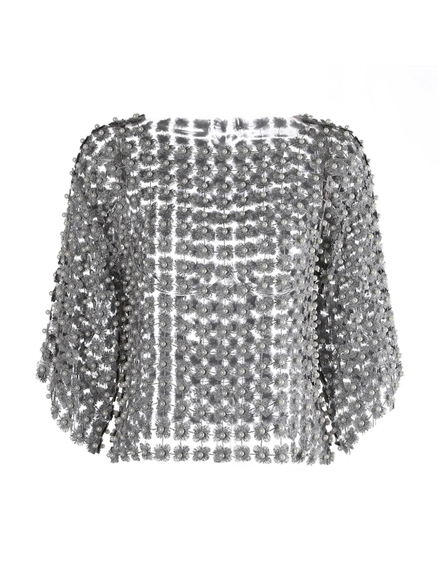 Hollow-Out Patchwork Pearl T-Shirt