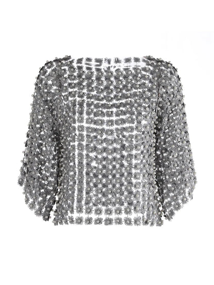 Hollow-Out Patchwork Pearl T-Shirt