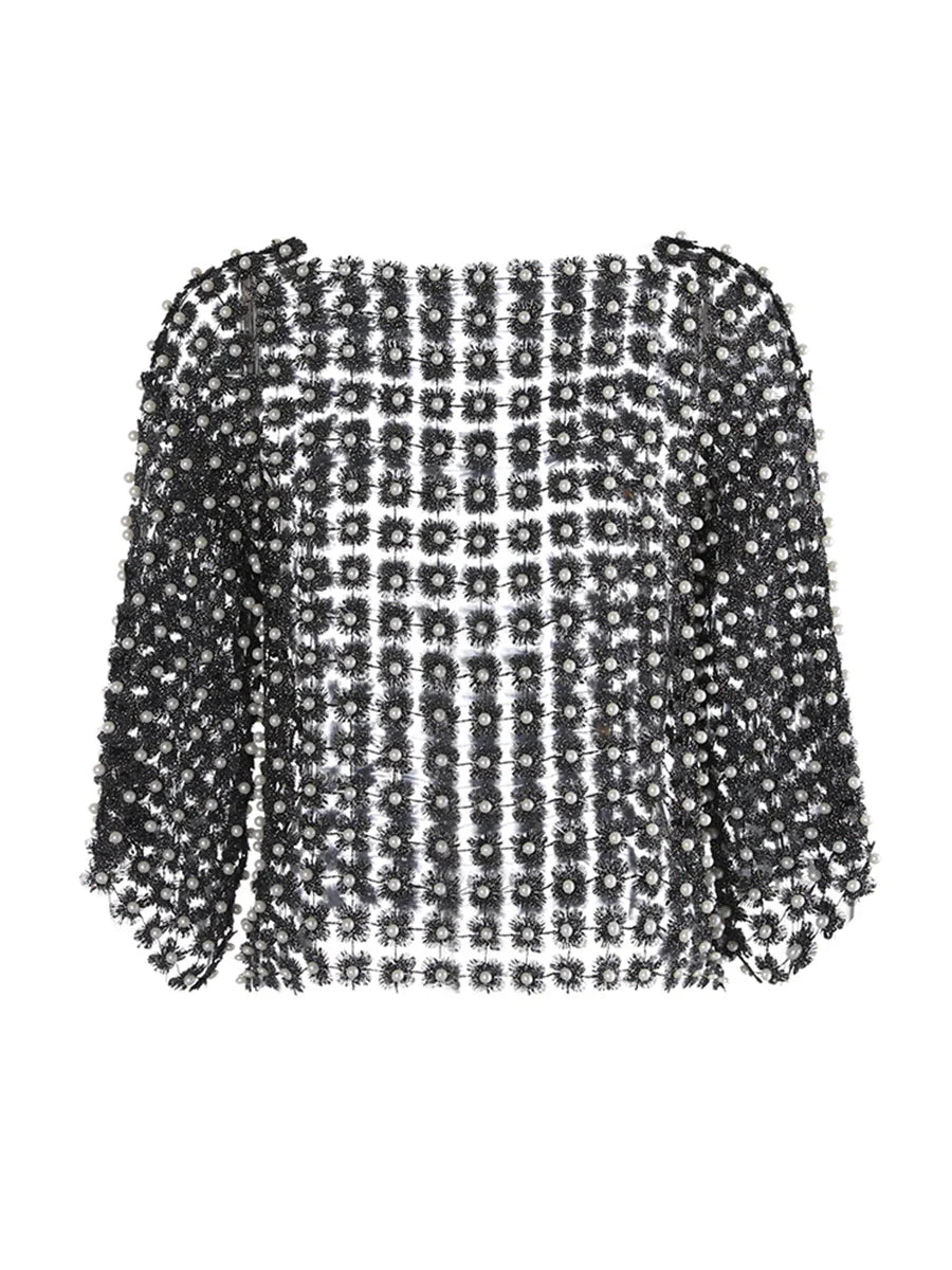 Hollow-Out Patchwork Pearl T-Shirt