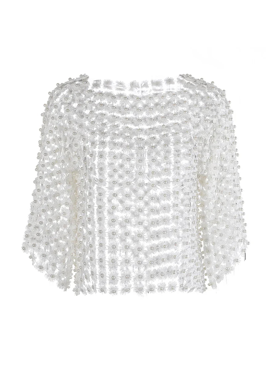 Hollow-Out Patchwork Pearl T-Shirt