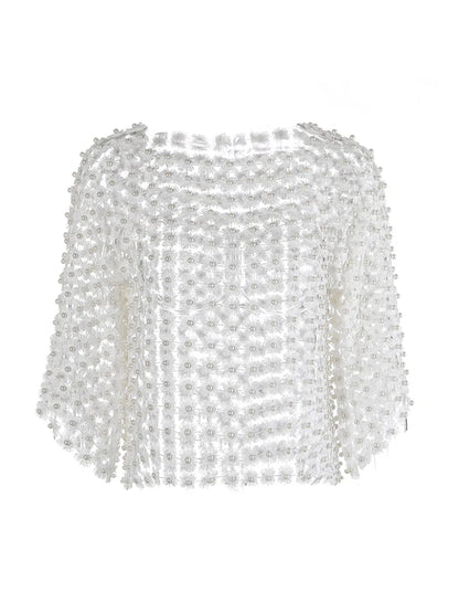 Hollow-Out Patchwork Pearl T-Shirt