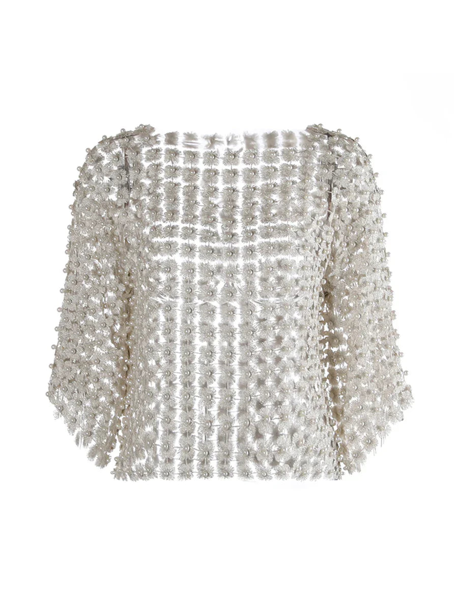 Hollow-Out Patchwork Pearl T-Shirt