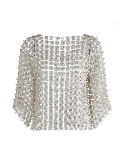 Hollow-Out Patchwork Pearl T-Shirt