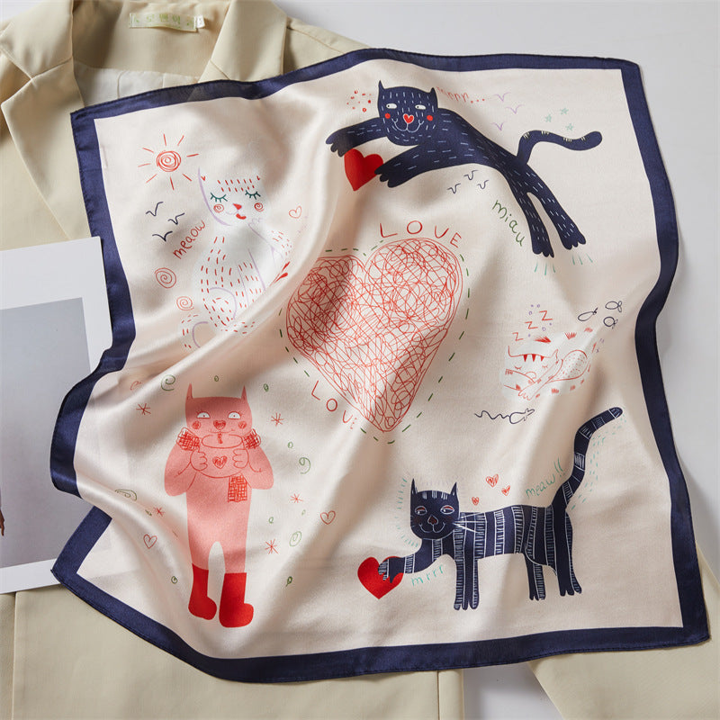 【100% Seide】Casual Refinado Foulard de Cachemira con Ilustración Felina