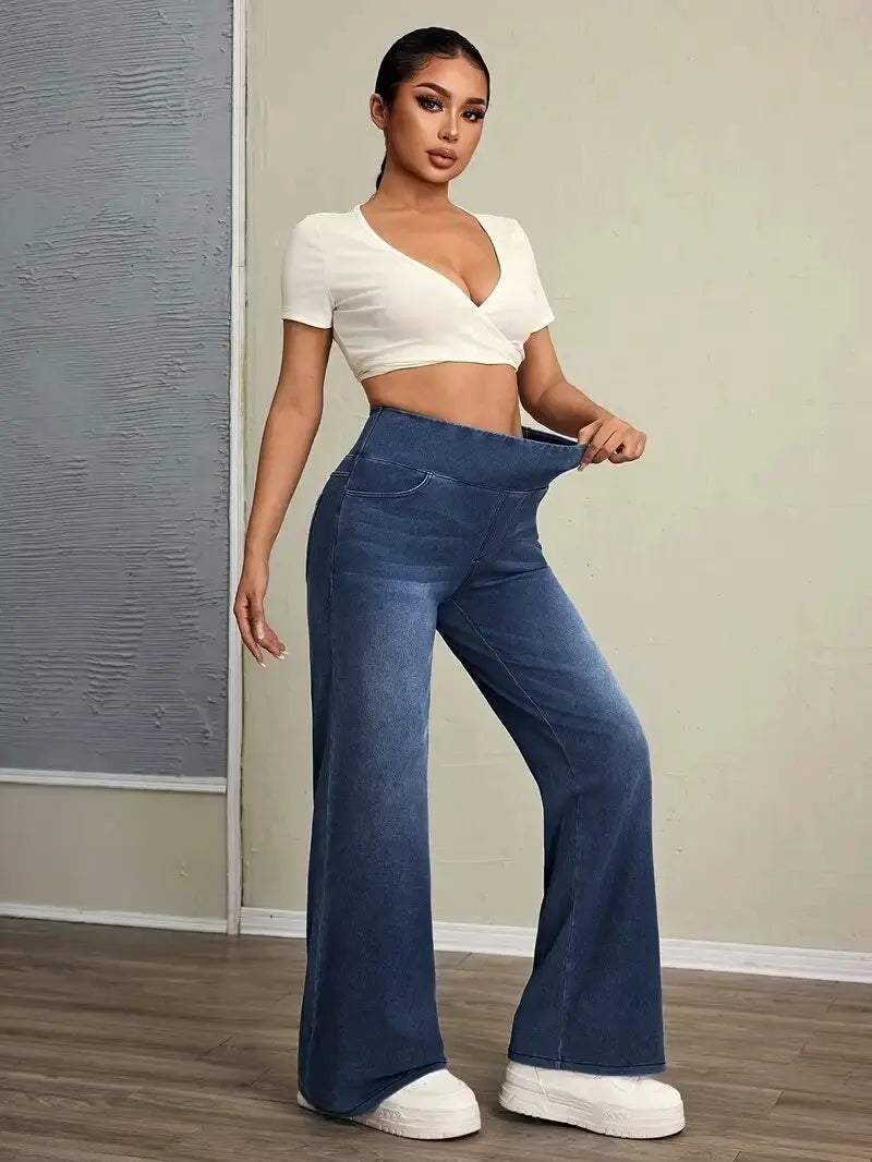 High-Stretch Elastic Waist Straight Jeans