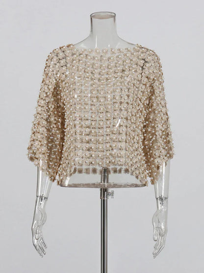 Hollow-Out Patchwork Pearl T-Shirt