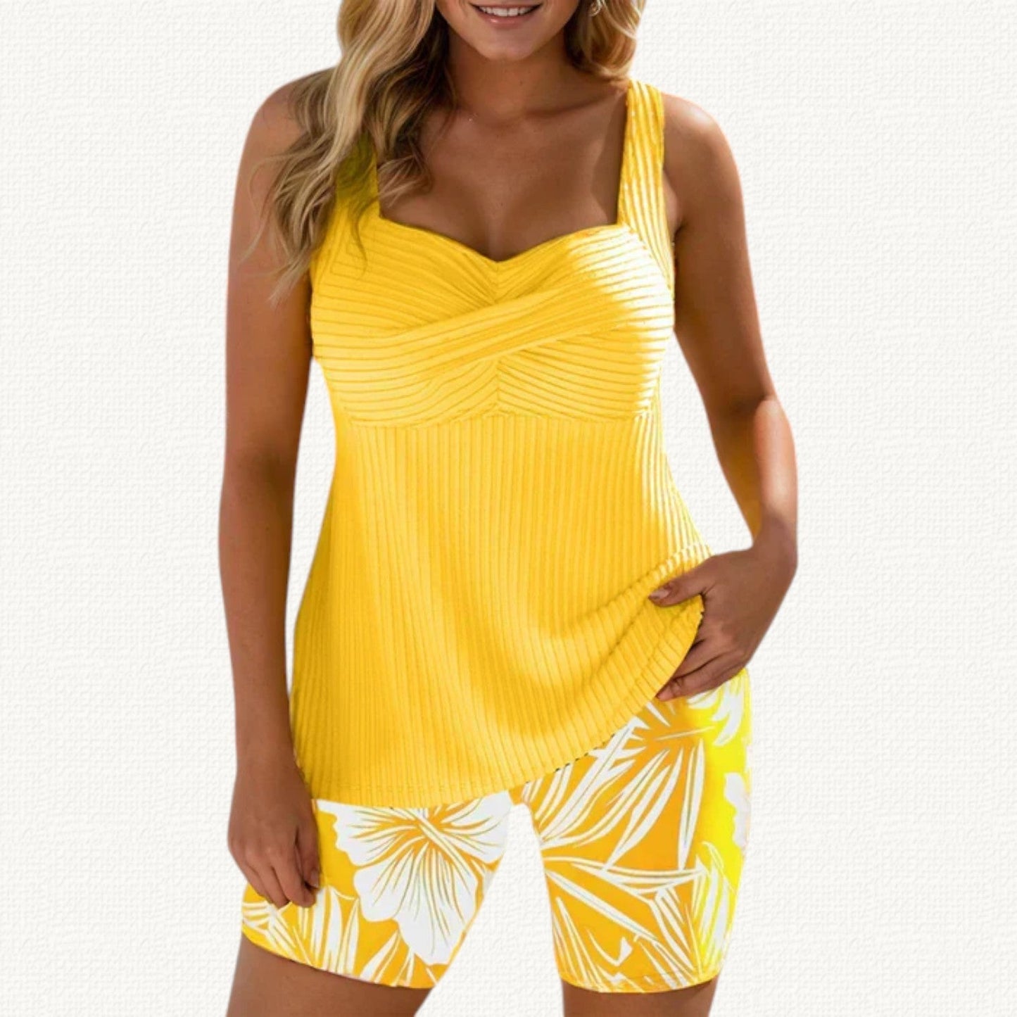 Sol | Ribbed Tankini Premium con Long Floral Bermudas