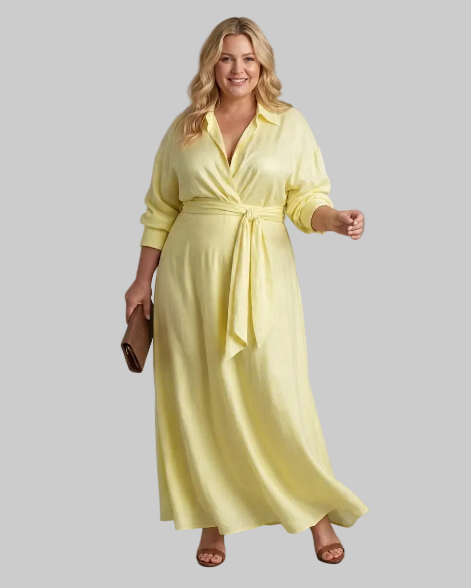 Zelith | Belted Collared Flowing Long Sleeve Vestido Midi