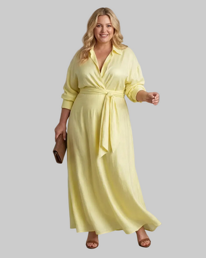 Zelith | Belted Collared Flowing Long Sleeve Vestido Midi