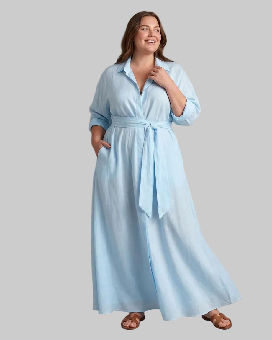 Zelith | Belted Collared Flowing Long Sleeve Vestido Midi