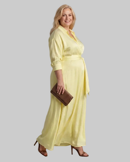 Zelith | Belted Collared Flowing Long Sleeve Vestido Midi