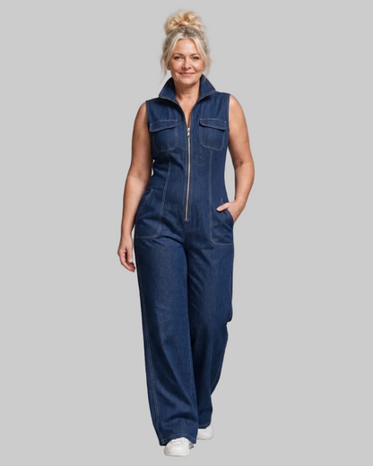 Samantha | Zip Front Sleeveless Denim Wide Leg Mono Silhouette