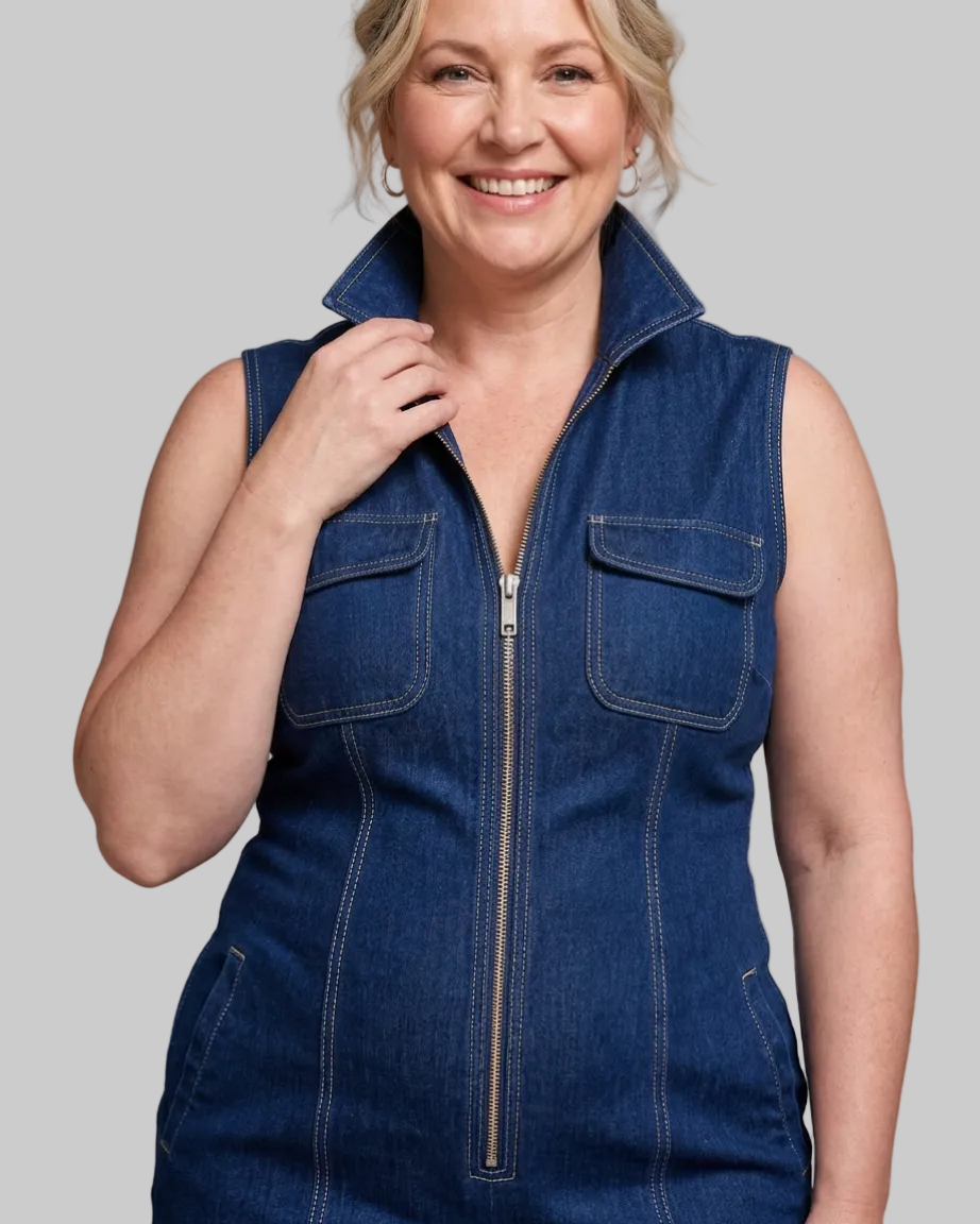 Samantha | Zip Front Sleeveless Denim Wide Leg Mono Silhouette