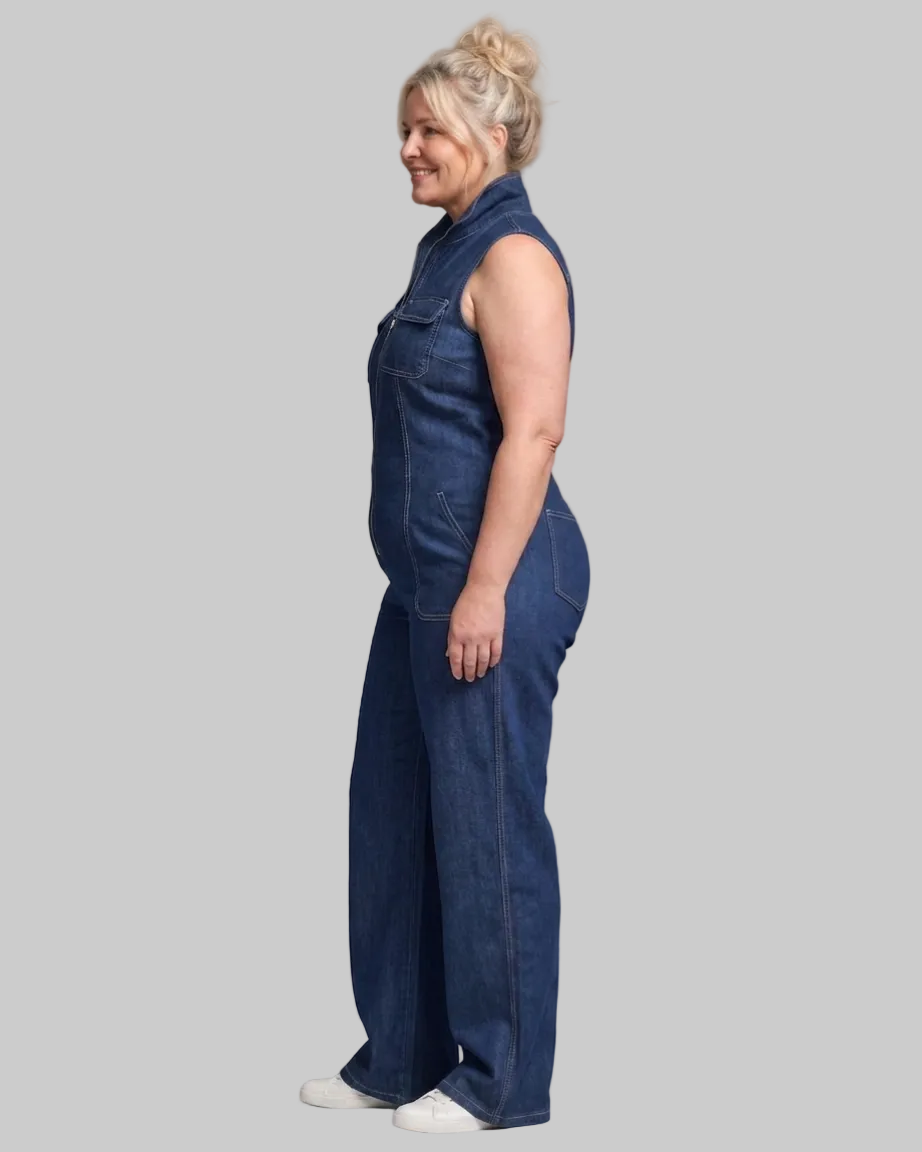 Samantha | Zip Front Sleeveless Denim Wide Leg Mono Silhouette