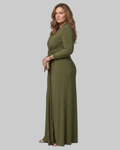 Vimmer | Draped Deep V Neck Long Sleeve Vestido Maxi