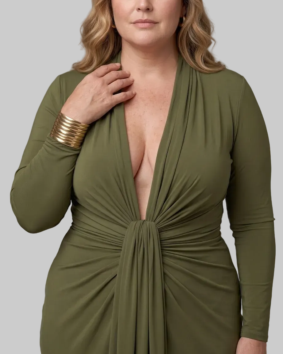 Vimmer | Draped Deep V Neck Long Sleeve Vestido Maxi