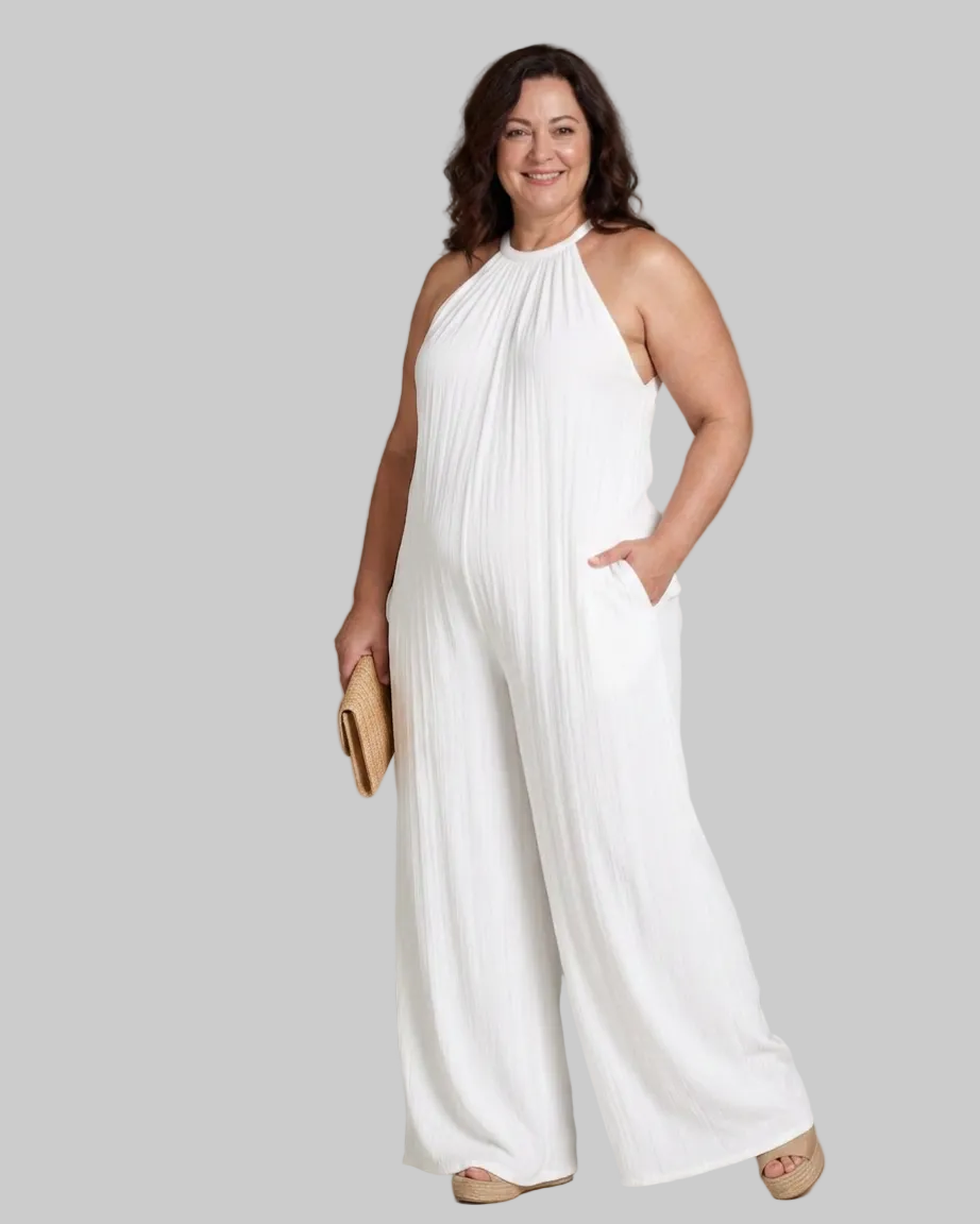 Sylvara | Pleated Halter Neck Wide Leg Relaxed Mono Silhouette