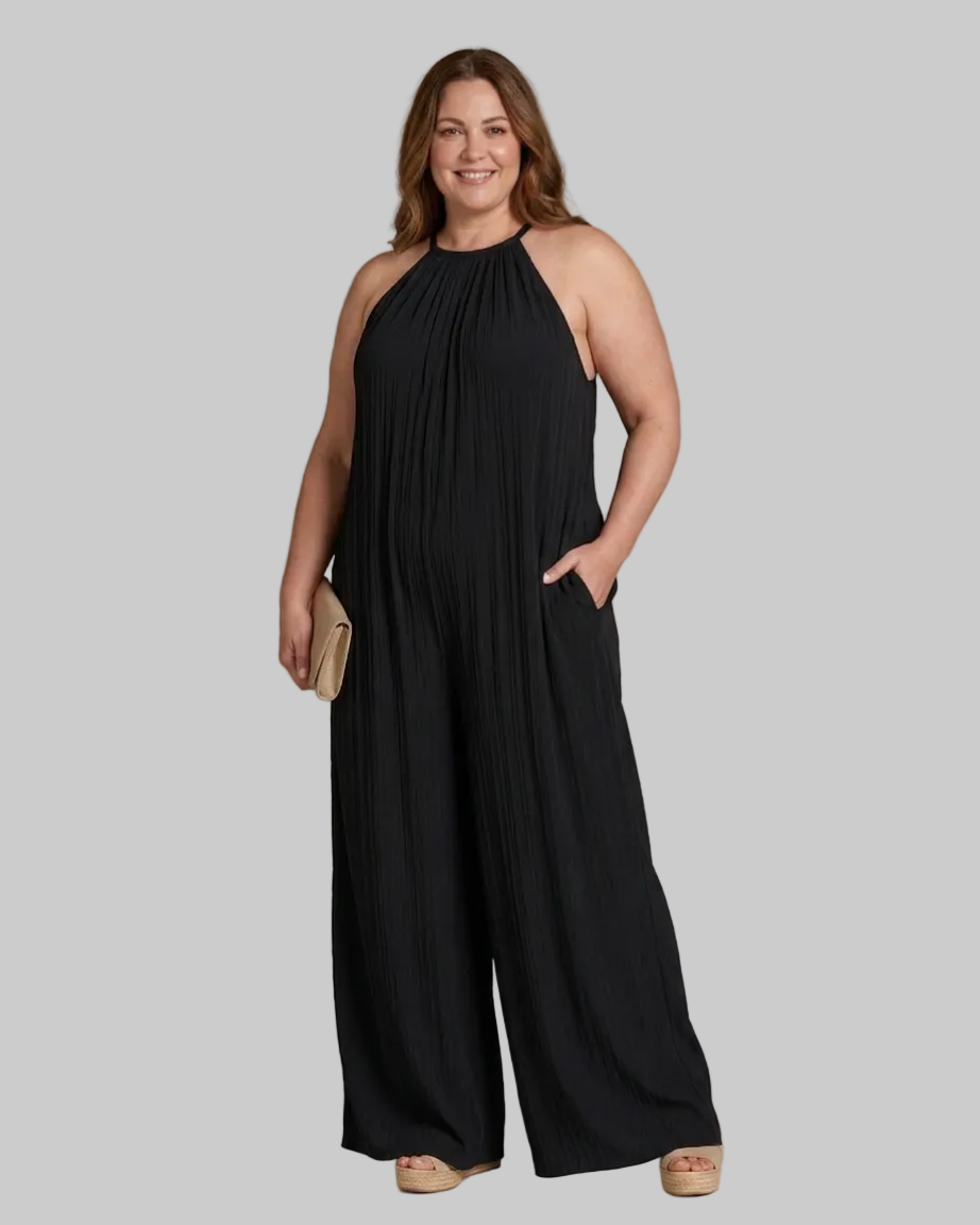 Sylvara | Pleated Halter Neck Wide Leg Relaxed Mono Silhouette