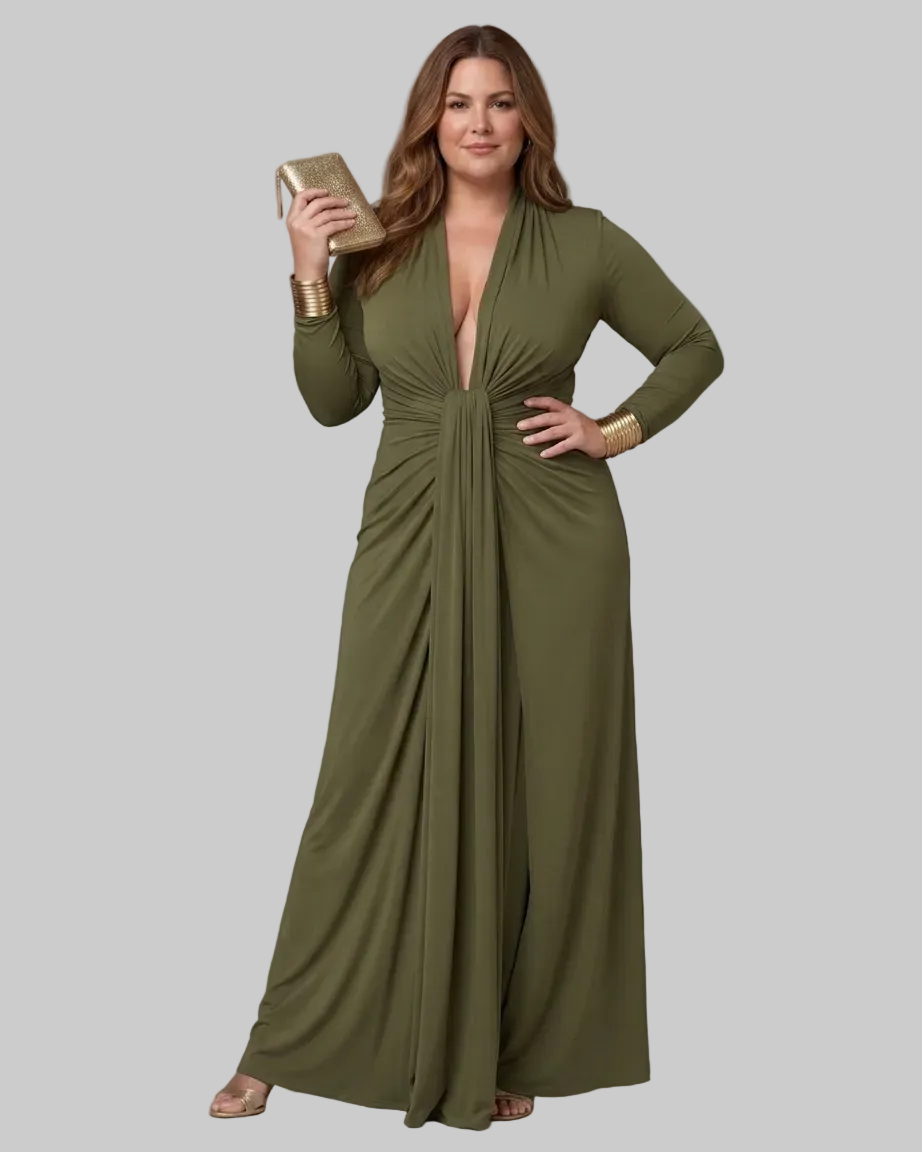 Vimmer | Draped Deep V Neck Long Sleeve Vestido Maxi