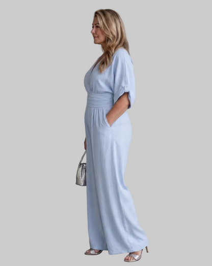 Emene | Draped V Neck Wide Leg Relaxed Mono Silhouette
