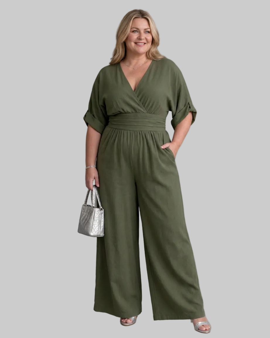 Emene | Draped V Neck Wide Leg Relaxed Mono Silhouette