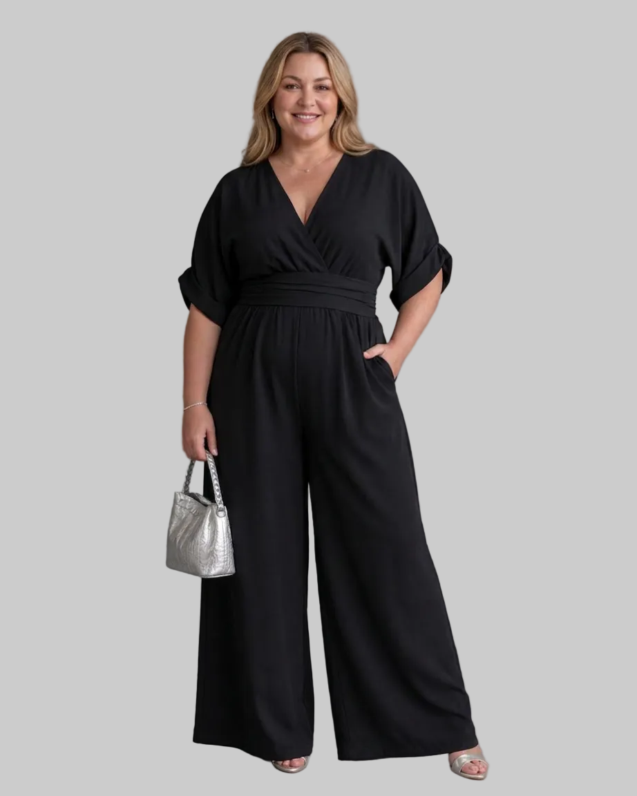 Emene | Draped V Neck Wide Leg Relaxed Mono Silhouette