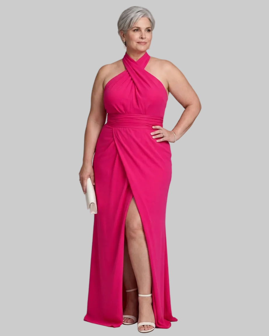 Vaelora | Cross Halter Draped Side Slit Vestido Midi