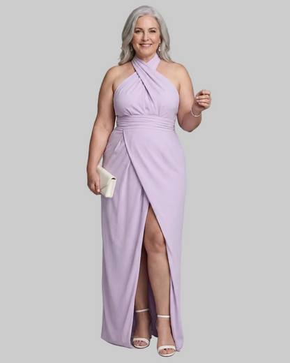 Vaelora | Cross Halter Draped Side Slit Vestido Midi