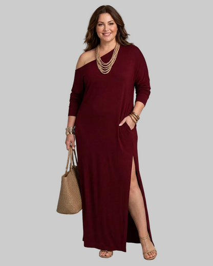 Asterelle | One Shoulder Side Slit Flowing Vestido Midi